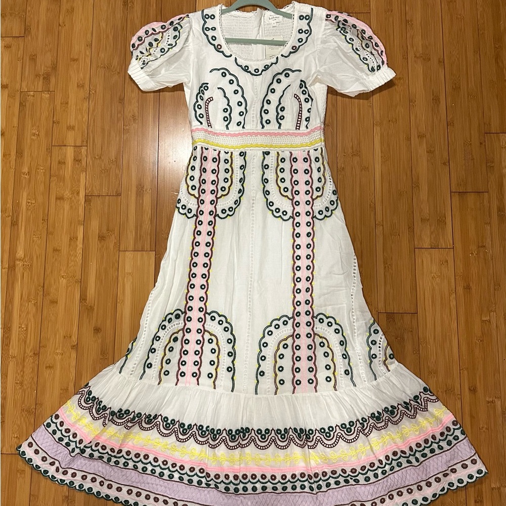 Bohme White and Purple Maxi Dress with Puff Sleeves